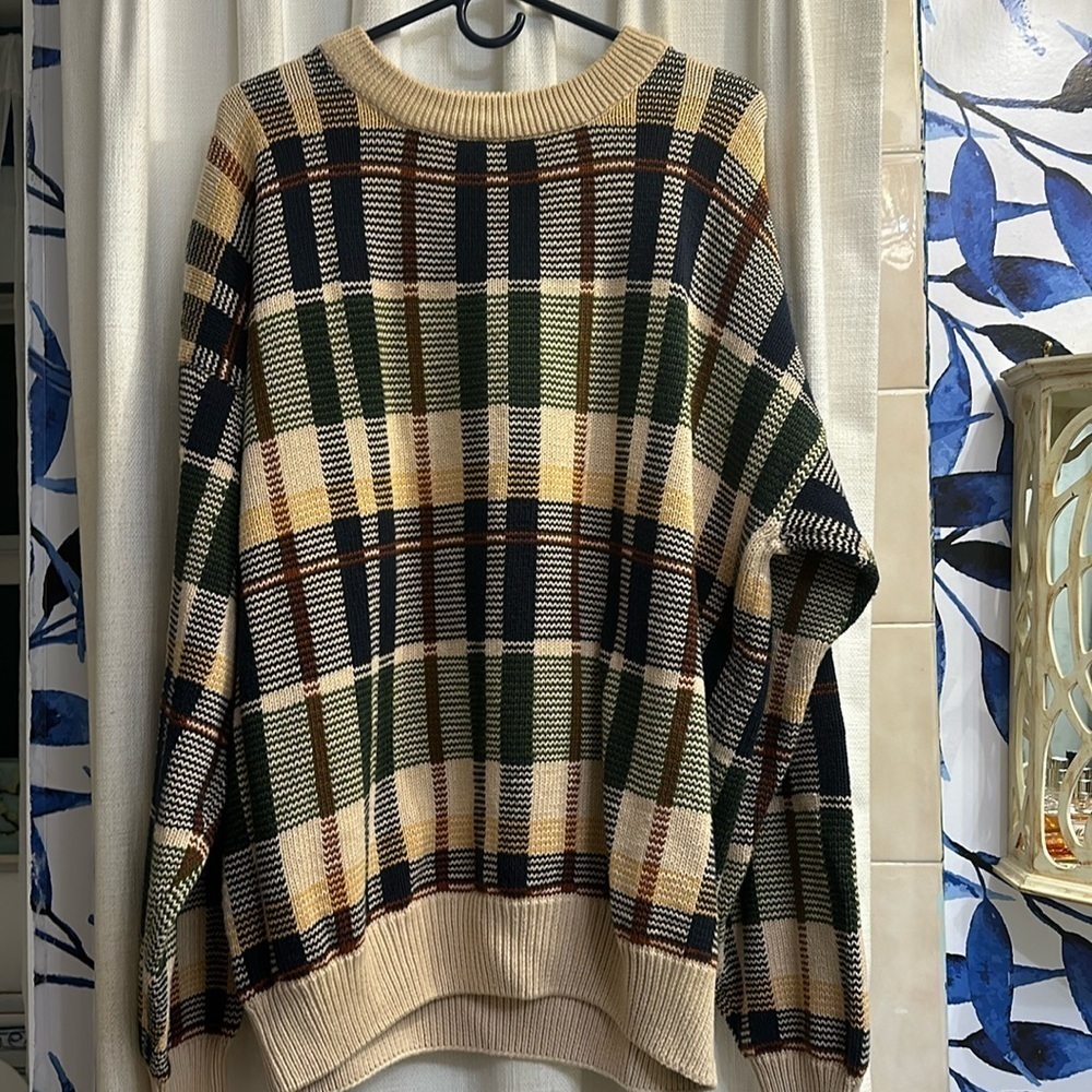 Men’s Y2K 90s Nautica Plaid Cotton Knit Crewneck Sweater Size XL